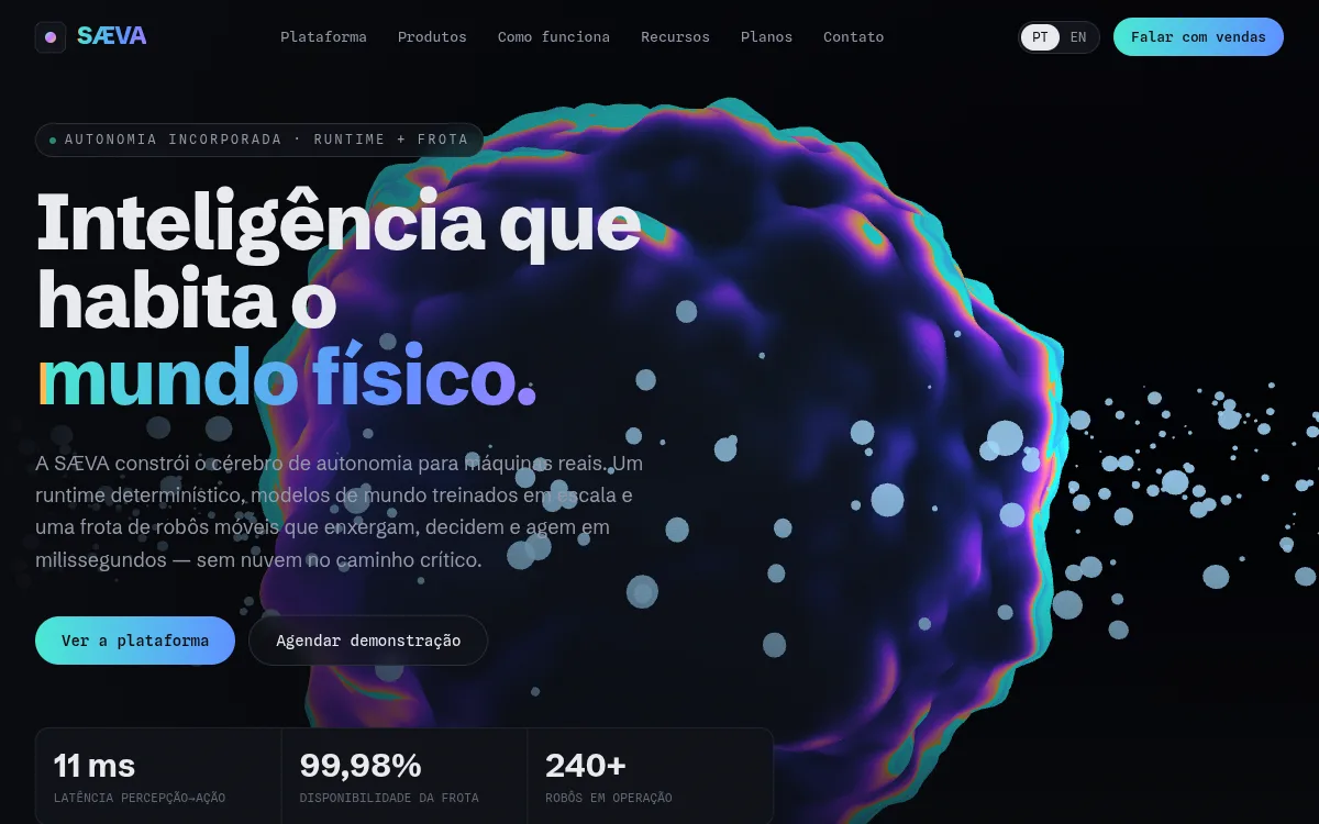Site IA com blob organico iridescente que se transforma para startup de robotica