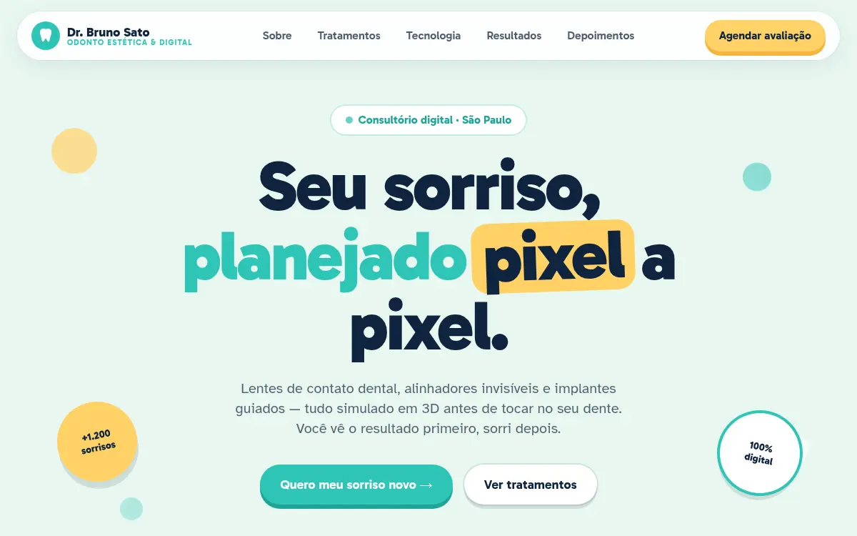 Site mint divertido com arco de sorriso gigante para dentista